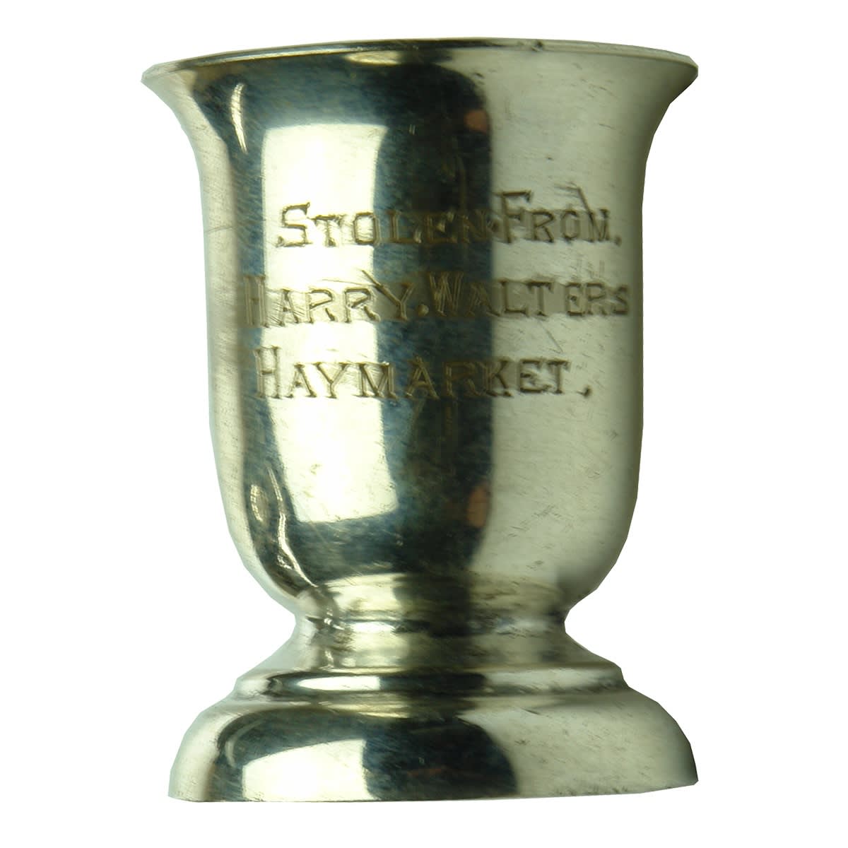 Spirits. Stolen From Harry Walters, Haymarket. EPNS Spirit Measure. (Prince of Wales Hotel, Sydney, New South Wales)