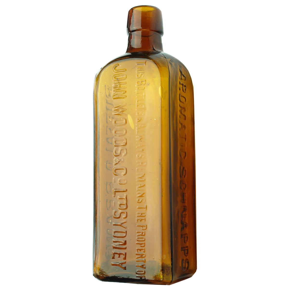 Schnapps. Buffalo Brand. John Woods & Co Ltd Sydney. Amber. 13 oz. (New South Wales)