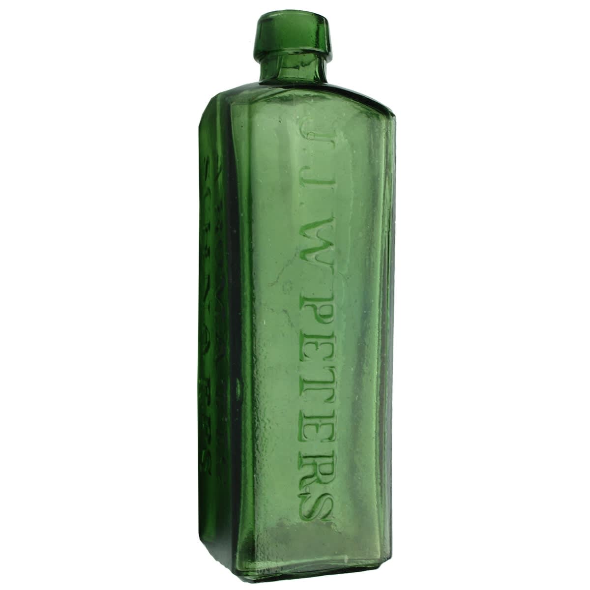Schnapps. J. J. W. Peters. Dog Trade Mark. Marca Registrada. Applied top. Green. 13 oz.