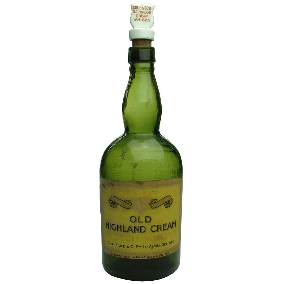 Whisky. Chas Cole, Geelong. Old Highland Cream. Original Label & Display Stopper. Green. 26 oz. (Victoria)