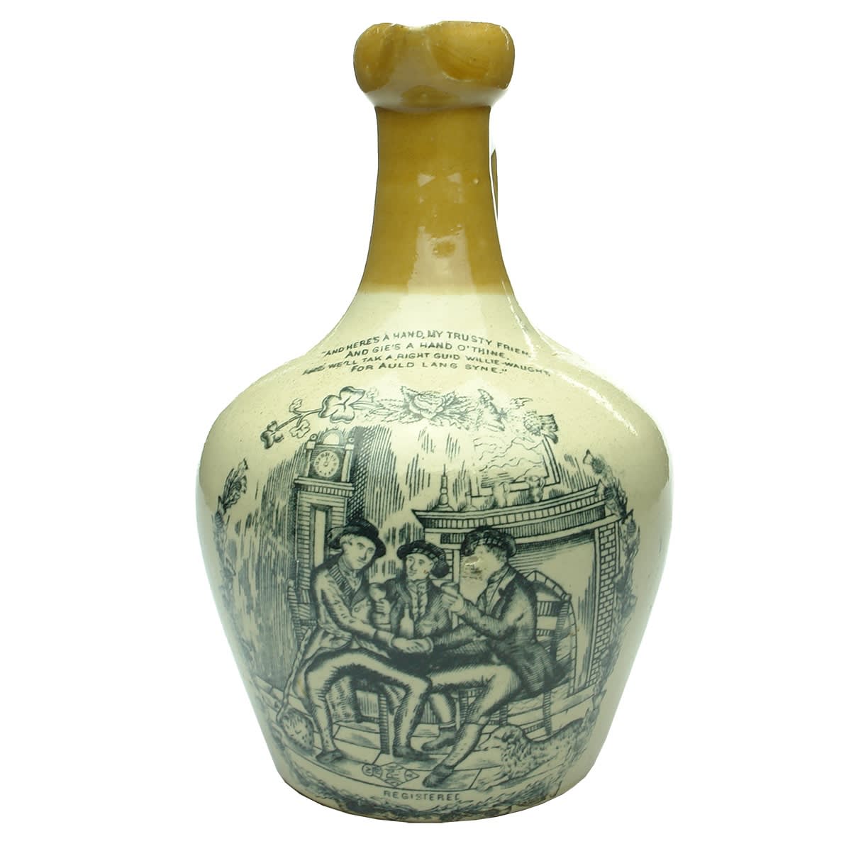 Whisky Jug. Auld Lang Syne. Registration Diamond. Kennedy Glasgow Pottery. Quart.