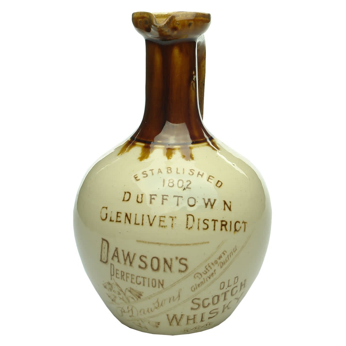 Whisky Jug. Dawsons Perfection Old Scotch Whisky. Dufftown Glenlivet District. Port Dundas pottery. Brown top.
