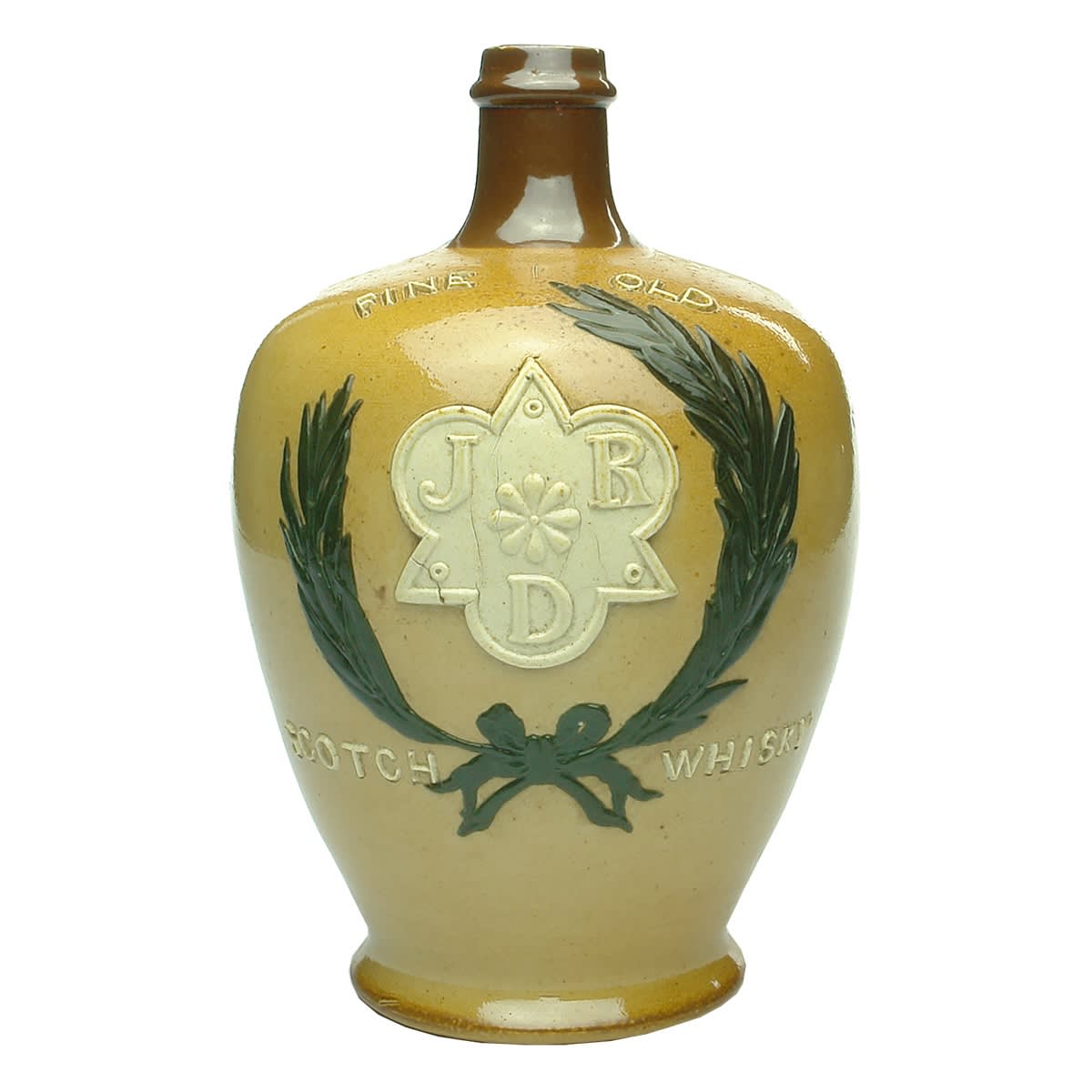 Whisky Jug. John Robertson Dundee. JRD in fancy shape. Fine Old Scotch Whisky. Doulton Lambeth.