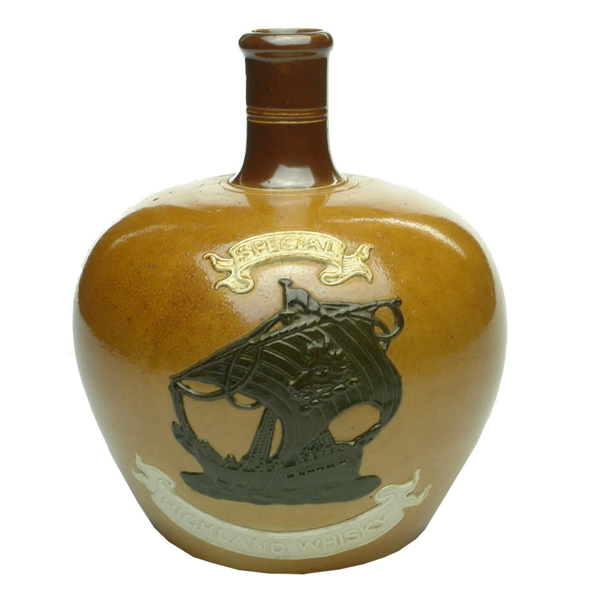 Whisky Jug. Special Highland Whisky. Galley of Lorne. Boars Head. 175 mm tall.