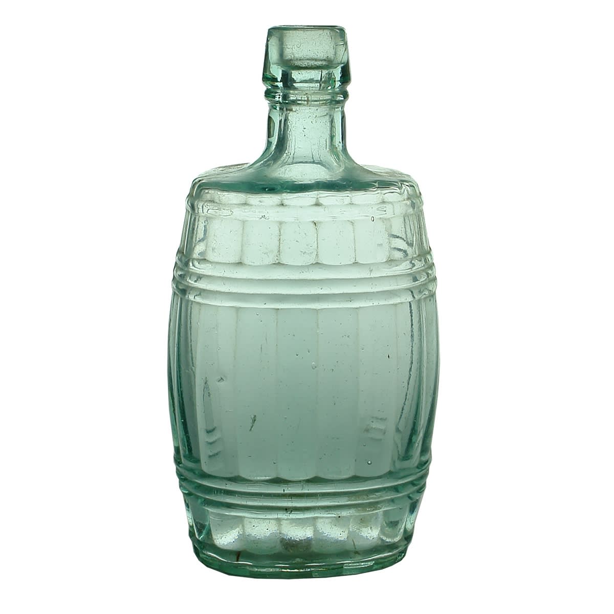 Spirits. Flattened Barrel Shape Whisky Flask with Flat Back. Aqua. 10 oz.