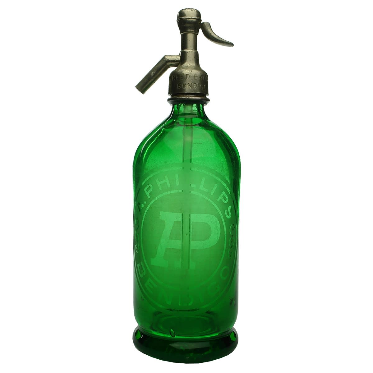 Syphon. A. Phillips, Bendigo. AP monogram. Green. 30 oz. (Victoria)