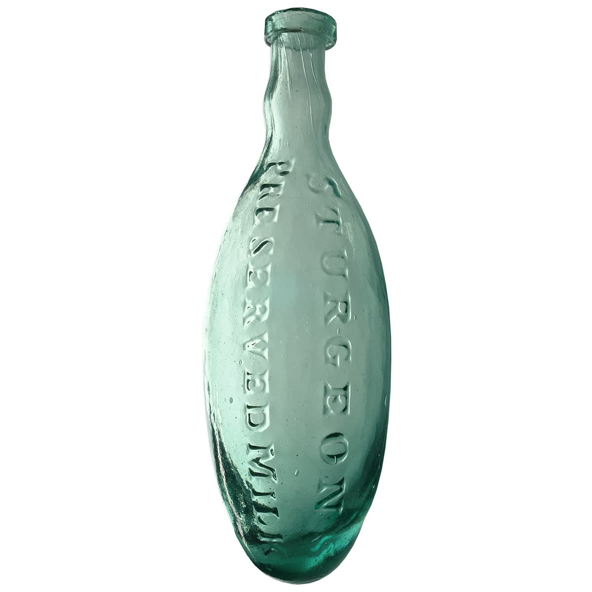 Torpedo. Sturgeon's Preserved Milk. Bulged neck. Aqua. 26 oz.