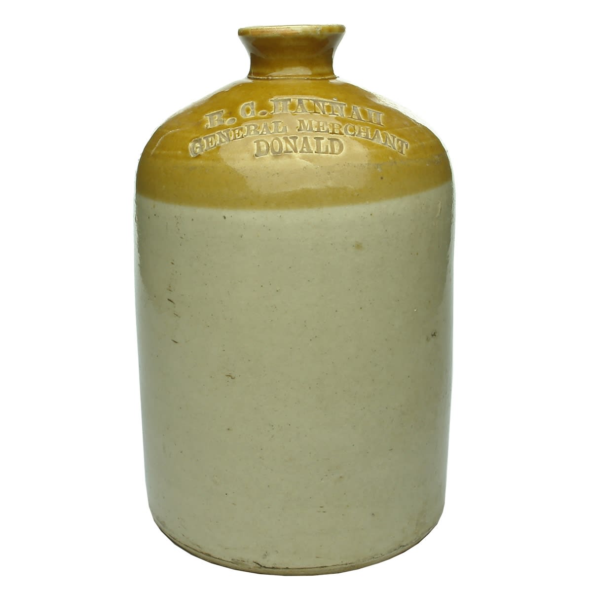 Demijohn. R. C. Hannah, General Merchant, Donald. Tan top. Half Gallon. (Victoria)