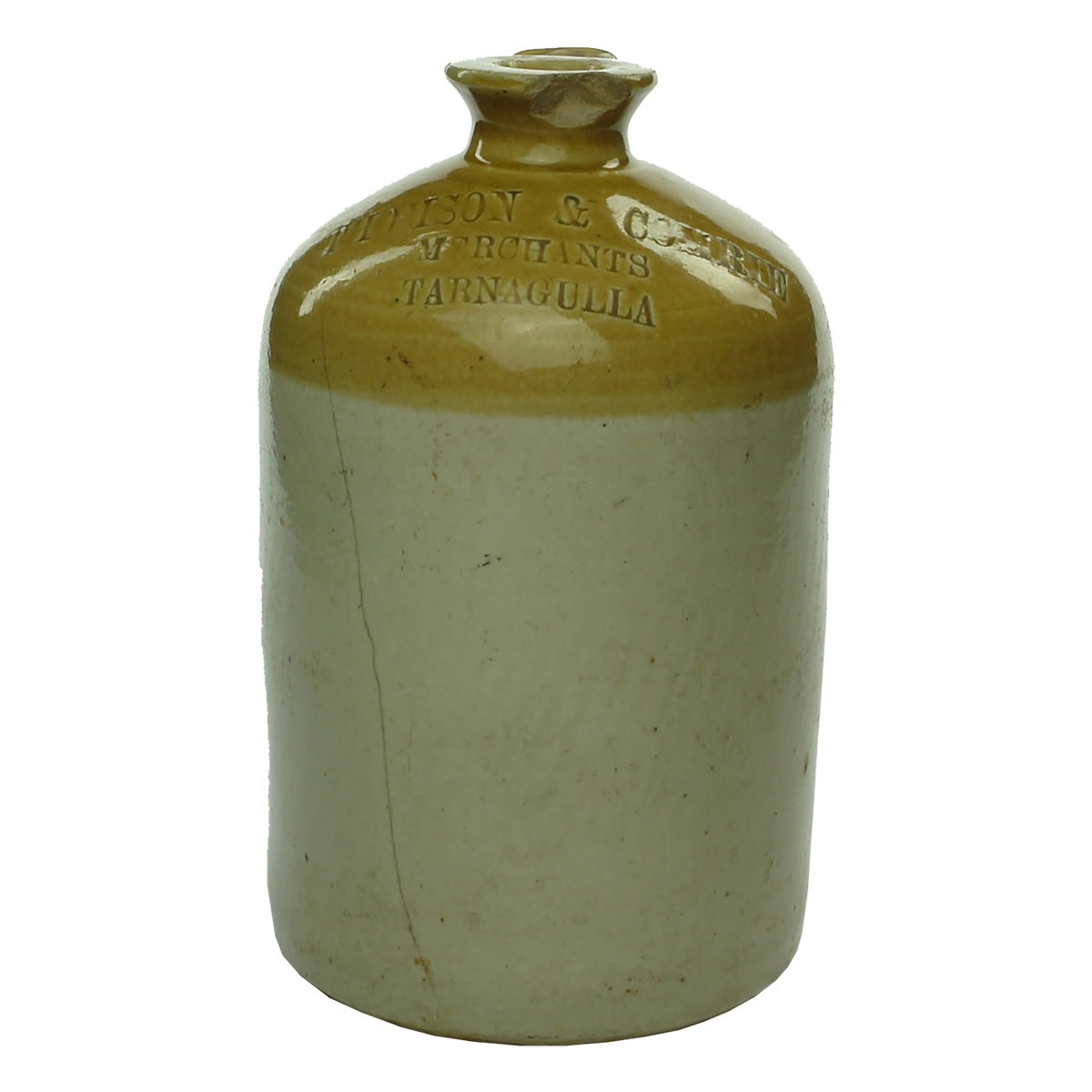 Demijohn. Thomson & Comrie, Merchants, Tarnagulla. Tan top. Half Gallon. (Victoria)
