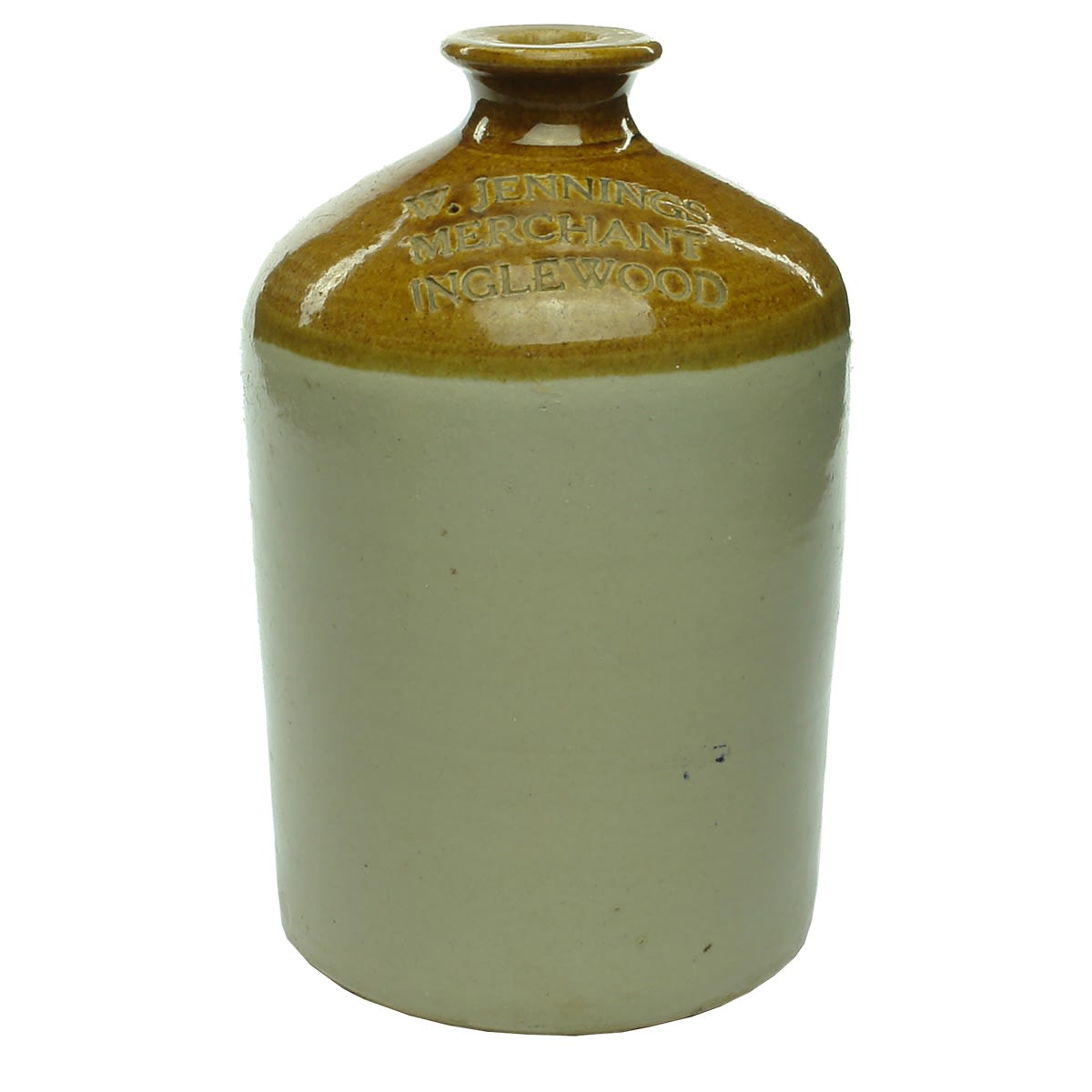 Demijohn. W. Jennings, Merchant, Inglewood. Bendigo Pottery ink stamp to back. Half Gallon. (Victoria)