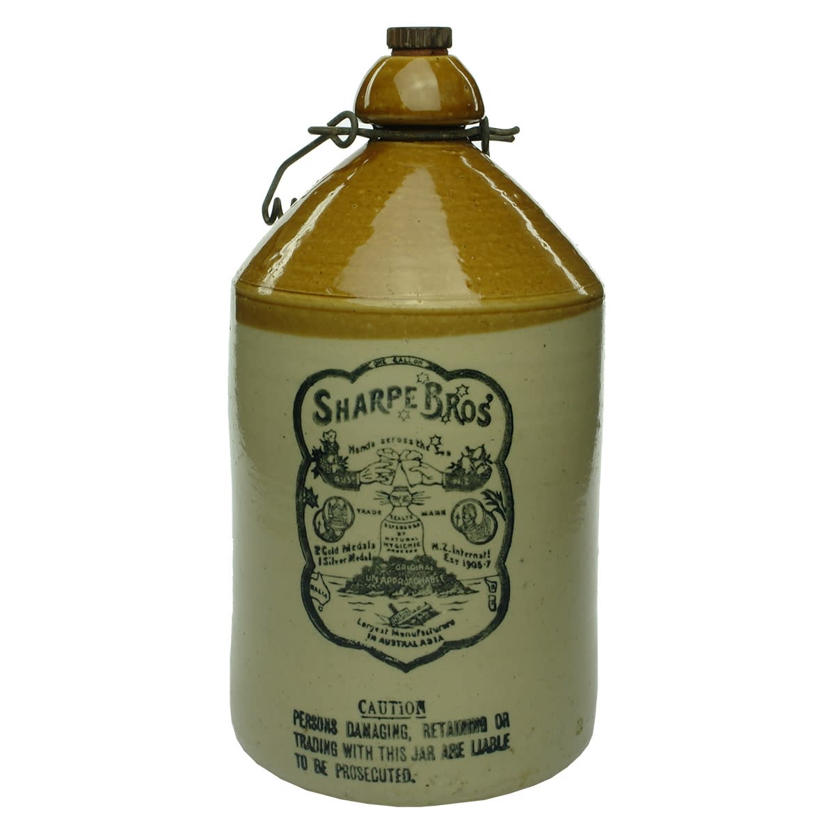 Demijohn. Sharpe Bros, Hands Across The Sea, Cartoon Style. Internal Thread. Tan Top. 1 Gallon.