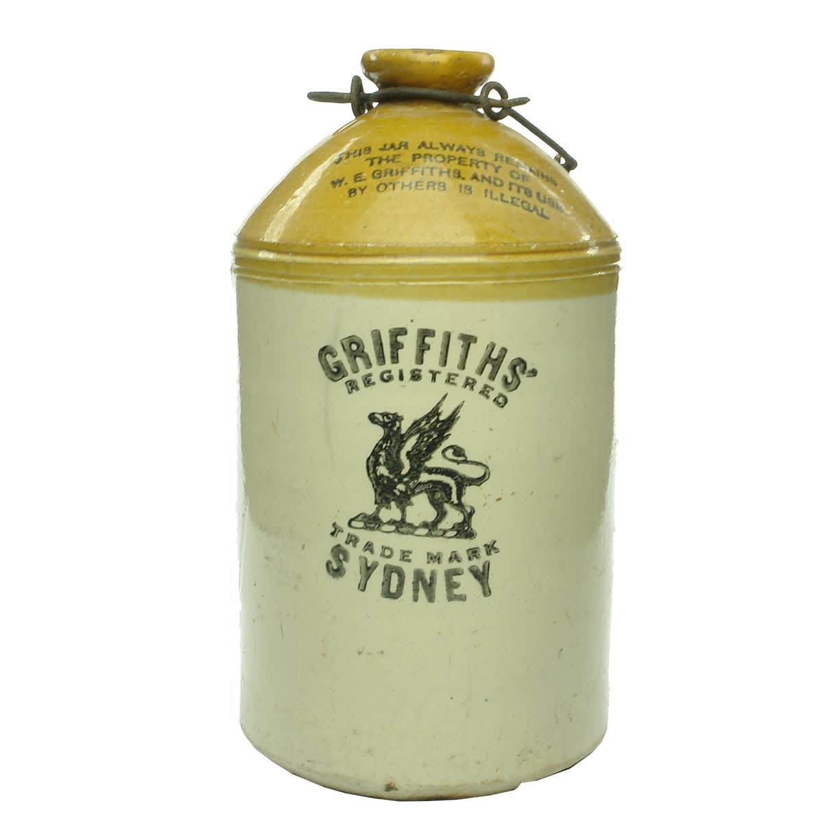 Demijohn. W. E. Griffths, Sydney. Griffin. Internal Thread. Tan Top. Gallon. (New South Wales)