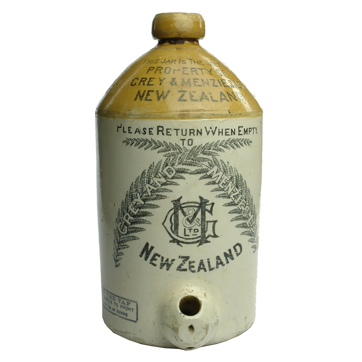 Demijohn. Grey and Menzies, New Zealand. Spigot. Tan Top. 1 Gallon. (New Zealand)