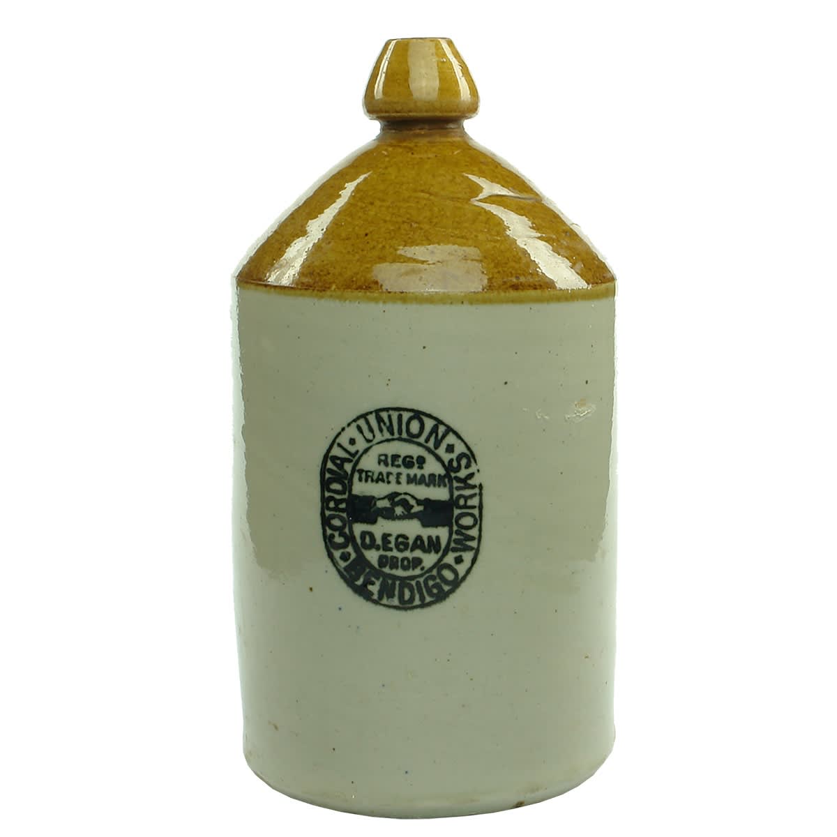 Demijohn. Union Cordial Works. D. Egan. Bendigo. Handshake. Printed two sides. Internal Thread. 1 Gallon. (Victoria)