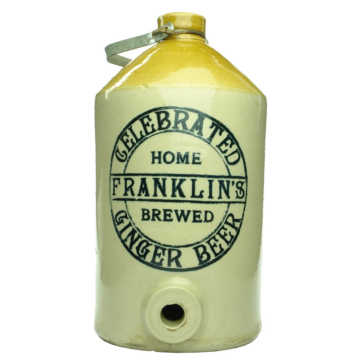 Demijohn. Franklin's Celebrated Home Brewed Ginger Beer. Internal Thread. Tan Top. 2 Gallon. (United Kingdom)