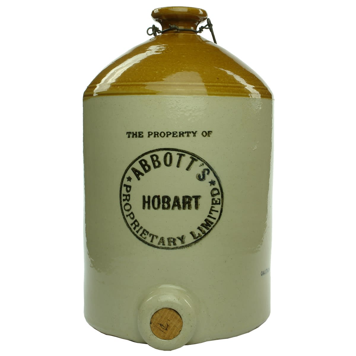 Demijohn. Abbott's, Hobart. R. Fowler Ltd., Sydney. Cork Stopper. Tan Top. 2 Gallon. (Tasmania)