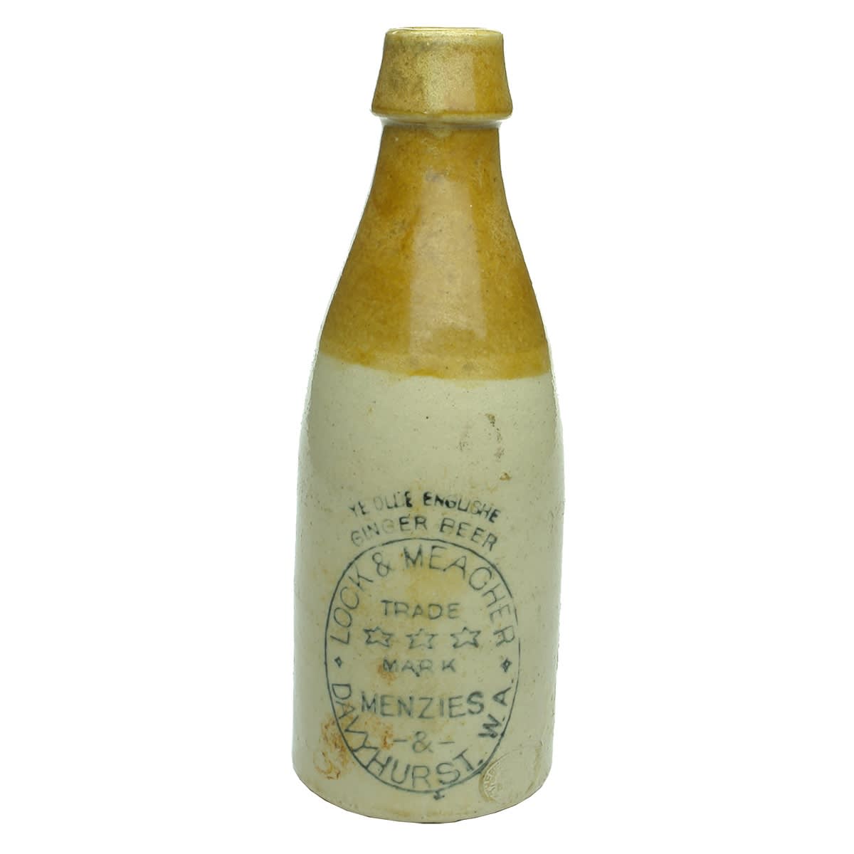 Ginger Beer. Lock & Meagher, Menzies & Davyhurst. Bendigo Pottery. Champagne. Tan Top. Cork Stopper. (Western Australia)