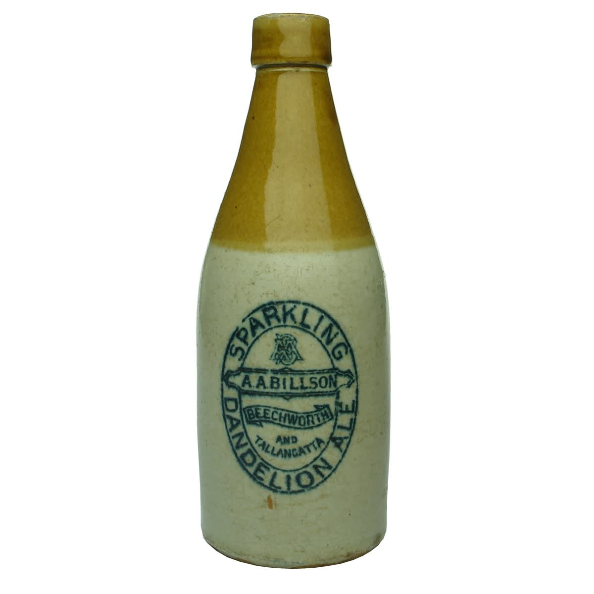 Ginger Beer. A. A. Billson, Beechworth & Tallangatta. Dandelion Ale. Champagne shape. Tan Top. Bendigo Pottery. (Victoria)
