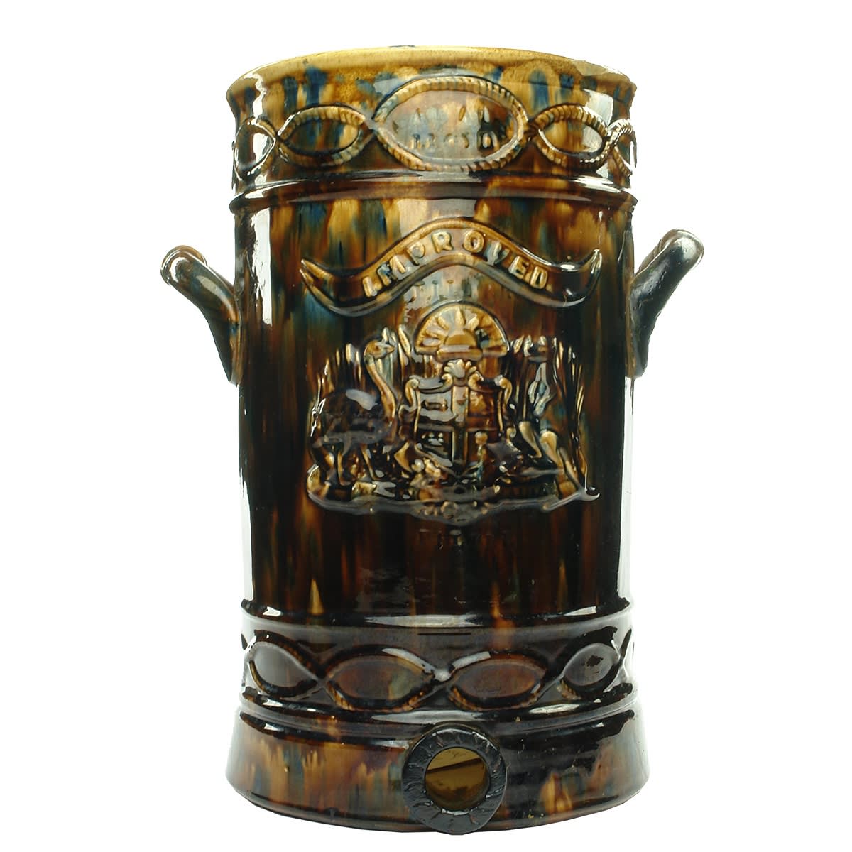 Water Filter. A1 at Lloyd's Improved Filter, Australian Coat of Arms. Majolica. Attributed to William Holford, Adelaide. (South Australia)