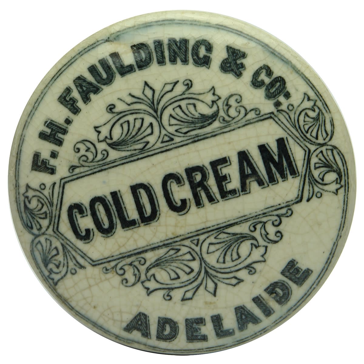 Pot Lid. F. H. Faulding & Co, Cold Cream, Adelaide. Large size. 68 mm diameter. (South Australia)