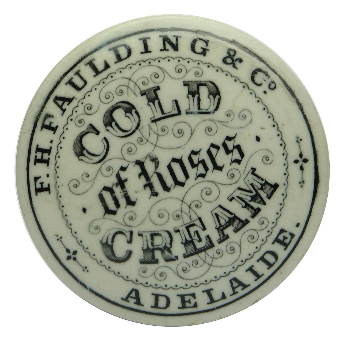 Pot Lid. F. H. Faulding & Co, Cold Cream of Roses, Adelaide. 60 mm diameter. (South Australia)