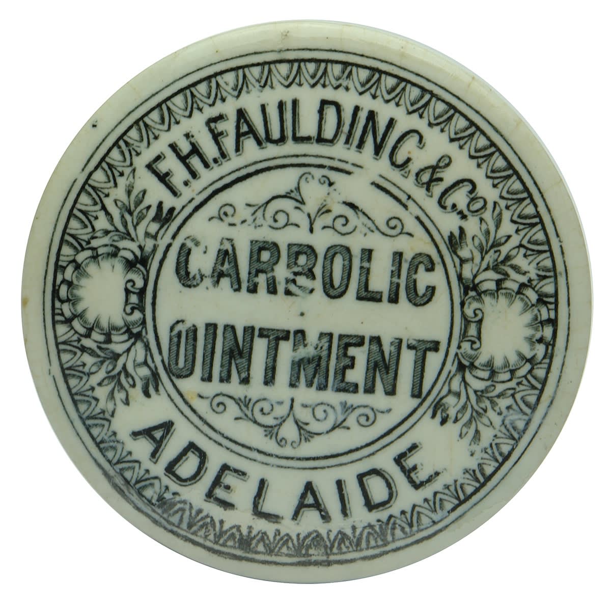 Pot Lid. F. H. Faulding & Co, Carbolic Ointment, Adelaide. 69 mm diameter. (South Australia)