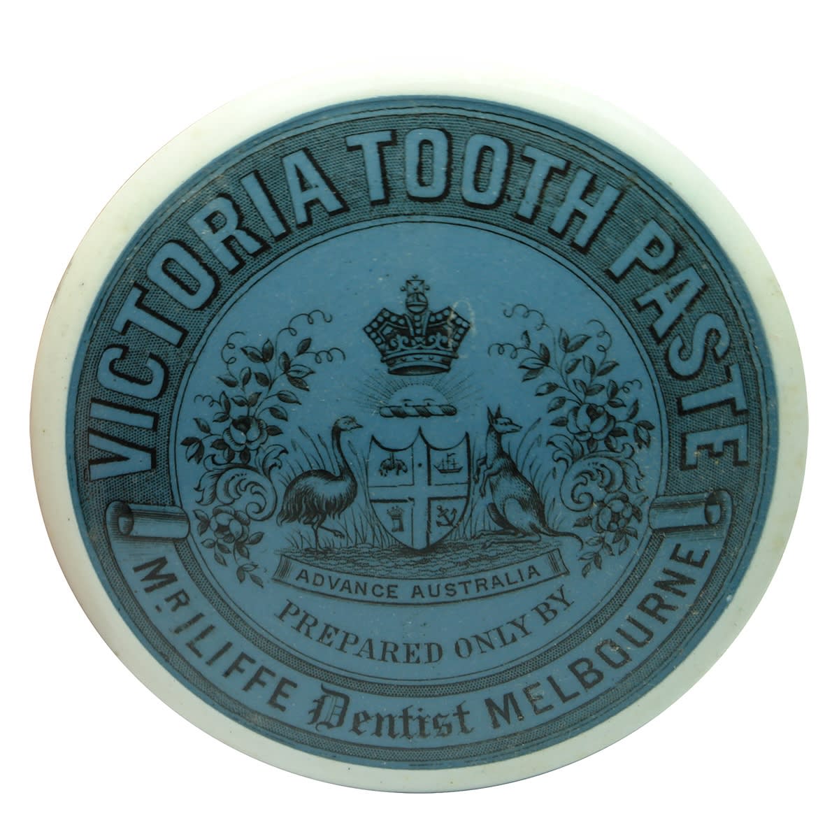 Pot Lid. Mr Iliffe, Melbourne. Blue and Black Round Pot Lid. (Victoria)