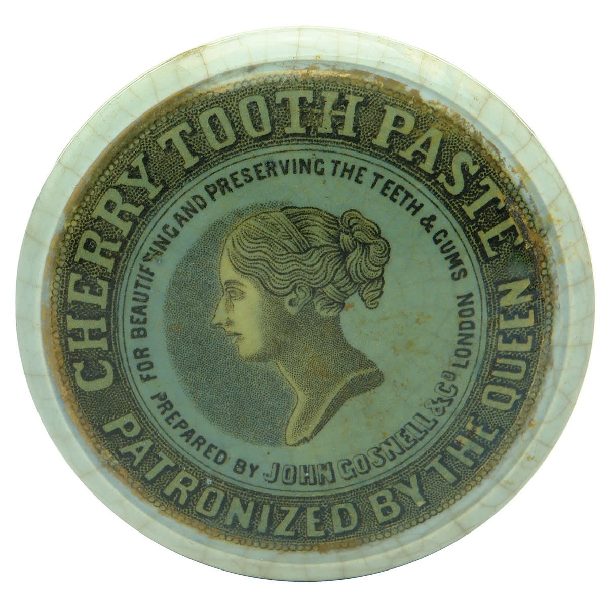 Pot Lid. John Gosnell & Co., London. Queens Head. Cherry Tooth Paste. Coloured with Bluish background. (United Kingdom)