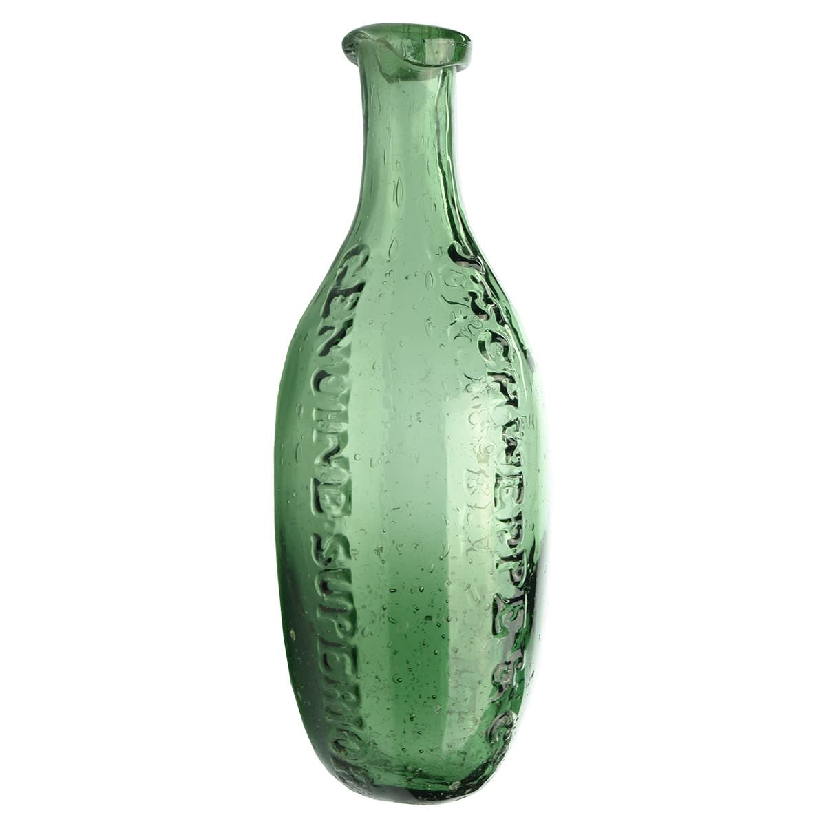 Torpedo. J. Schweppe & Co., 79 Margaret Street. Green. Pontil. 10 oz. (United Kingdom) (Late Kingsley Durdin Collection)