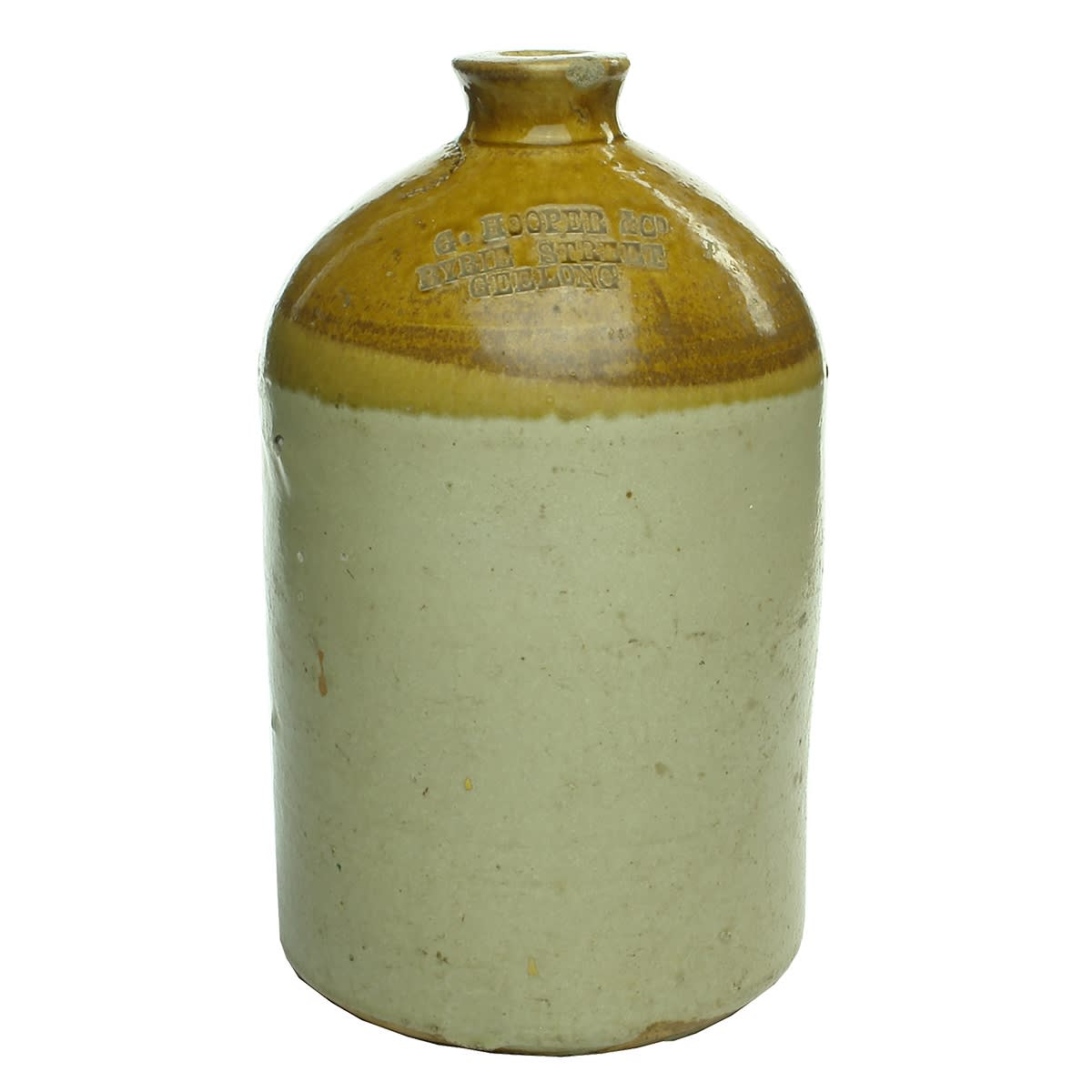 Demijohn. G. Hooper & Co., Ryrie St., Geelong. Large Bendigo Pottery stamp. One Gallon. (Victoria)