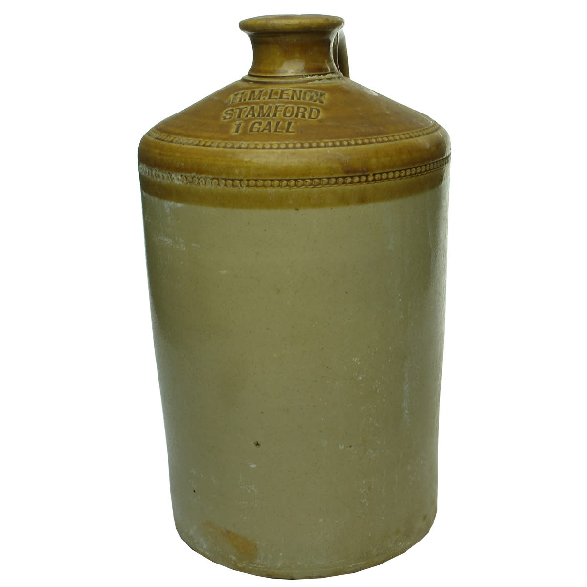 Demijohn. H. M. Lenox, Stamford. Impressed. Tan Top. 1 Gallon. (United Kingdom)