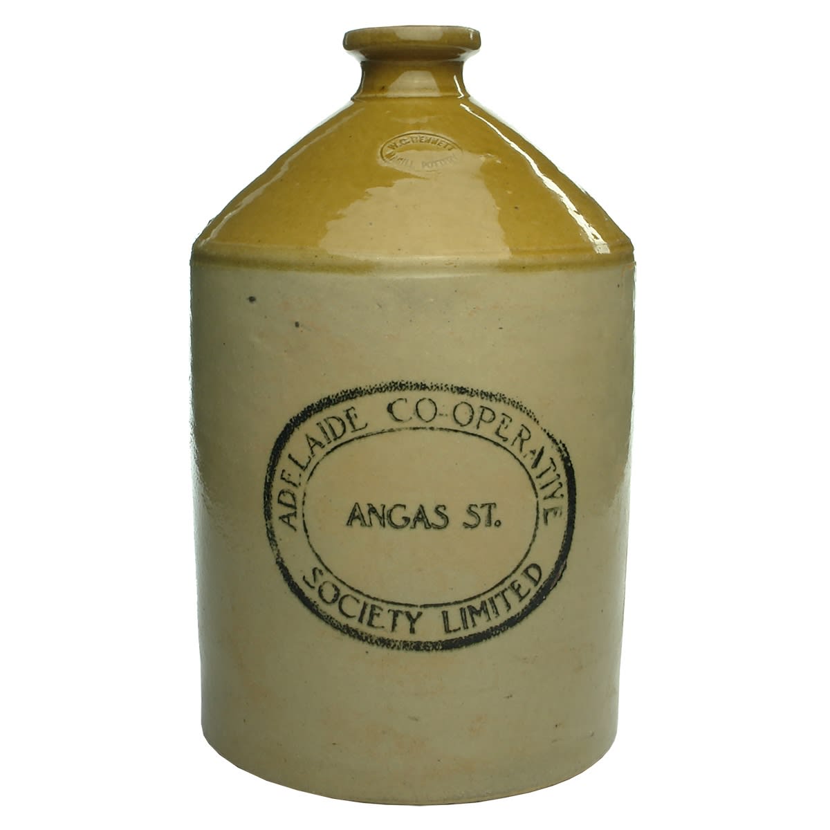 Demijohn. Adelaide Co-operative Society Limited, Angas St. W. G. Bennett Magill Pottery. Handled. Tan Top. Gallon. (South Australia)