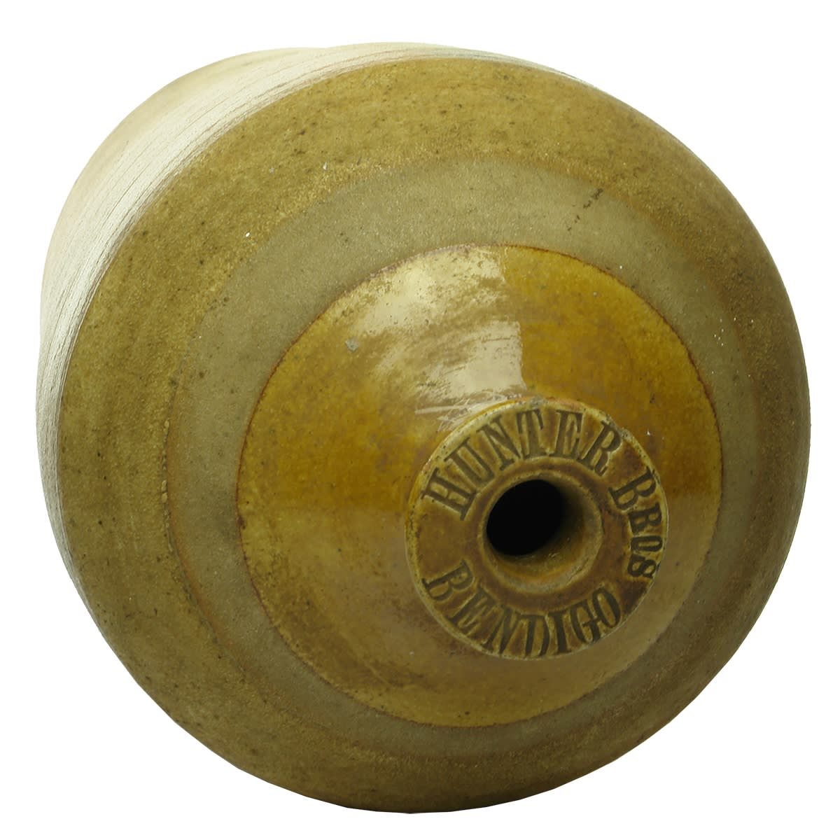 Demijohn. Hunter Bros, Bendigo. Lip Impressed. Salt glaze with tan top. 2 Gallon. (Victoria)