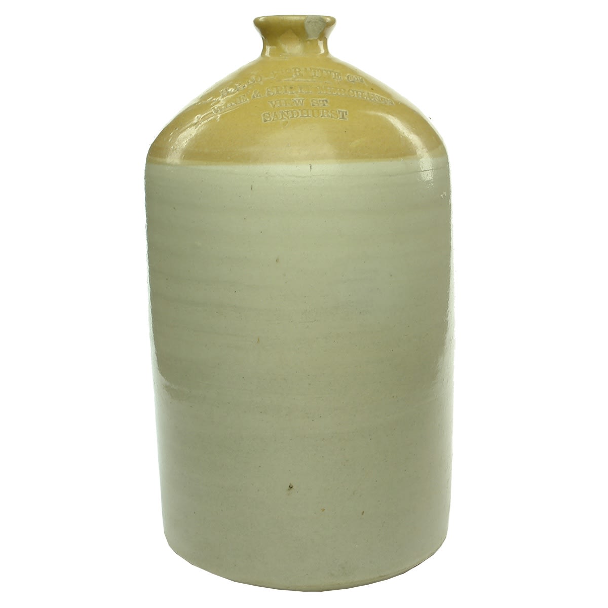 Demijohn. S. P. Co-operative Coy, Wine & Spirit Merchants, View St, Sandhurst. No potters stamp. (Bendigo, Victoria)