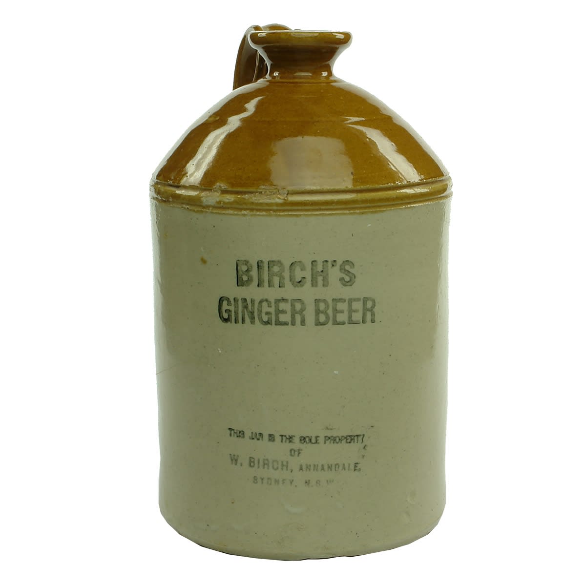 Demijohn. Birch's Ginger Beer. W. Birch, Annandale, Sydney. Handled cork stoppered type. (New South Wales)