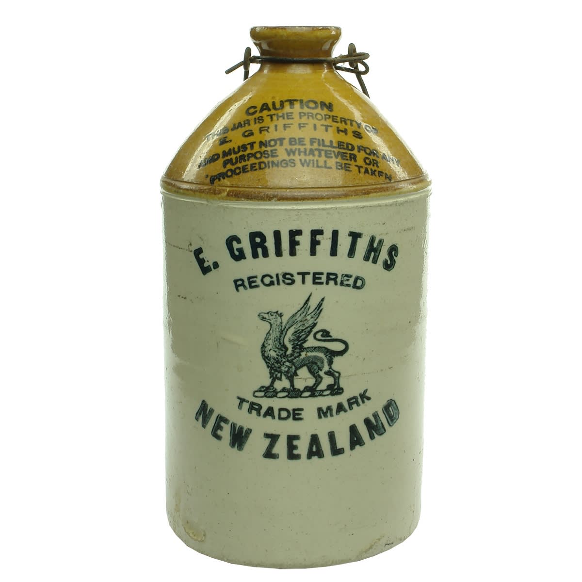Demijohn. E. Griffiths, New Zealand. Griffin. R. Fowler 1913 potters stamp. (New Zealand)