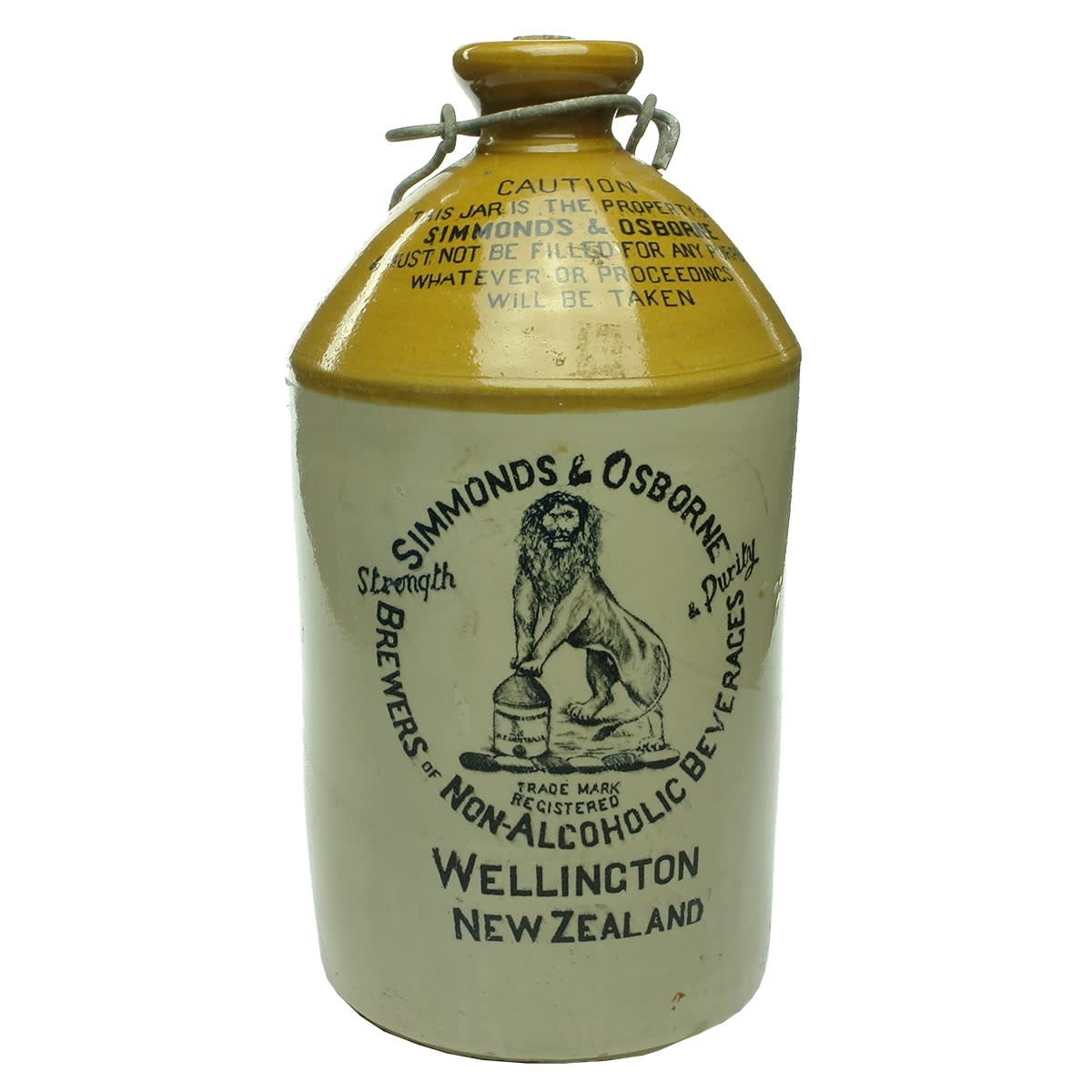 Demijohn. Simmonds & Osborne, Wellington New Zealand. Cartoon like Lion and Demijohn. Gallon.