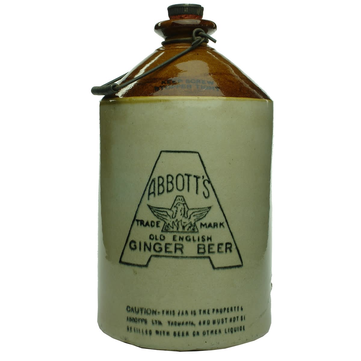 Demijohn. Abbott's Tasmania. Ginger Beer. Internal Thread. Tan Top. Gallon. Bendigo Pottery. (Tasmania)