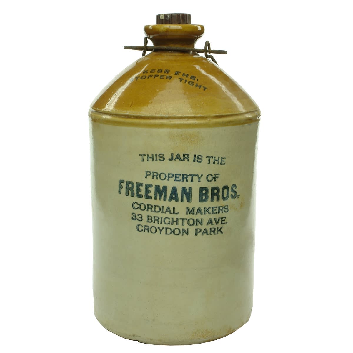 Demijohn. Freeman Bros., Cordial Makers, Croydon Park. Fowler Pottery. (New South Wales)