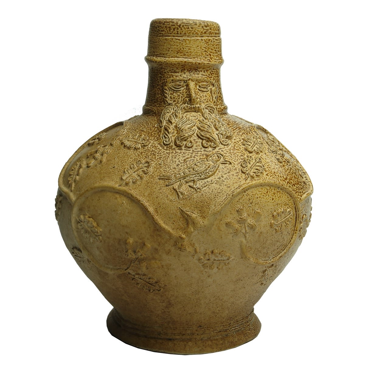 Pottery. Ornate Bellarmine with vine pattern, oak leaves, acorns and bird. Circa 1560.