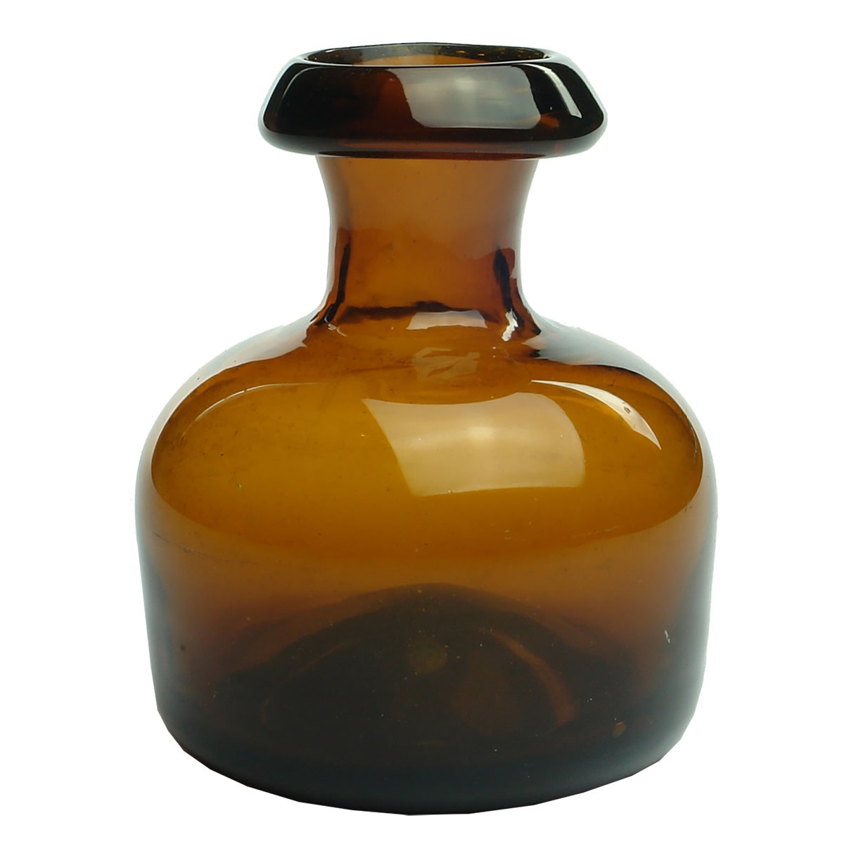 Pharmacy. Squat wide body pharmaceutical bottle with huge flared lip. Deep red amber. Pontil. 123 mm.