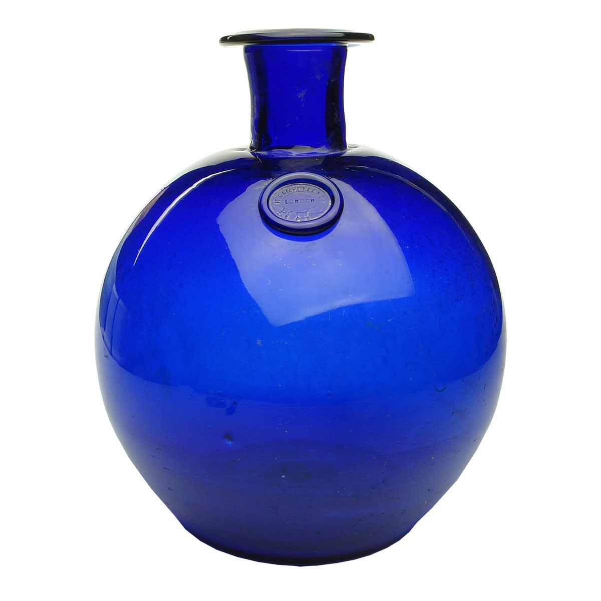 Pharmacy. W Campbell & Co., London (In Belt Design). Large Cobalt Globe with Applied Seal. Pontil. (United Kingdom)