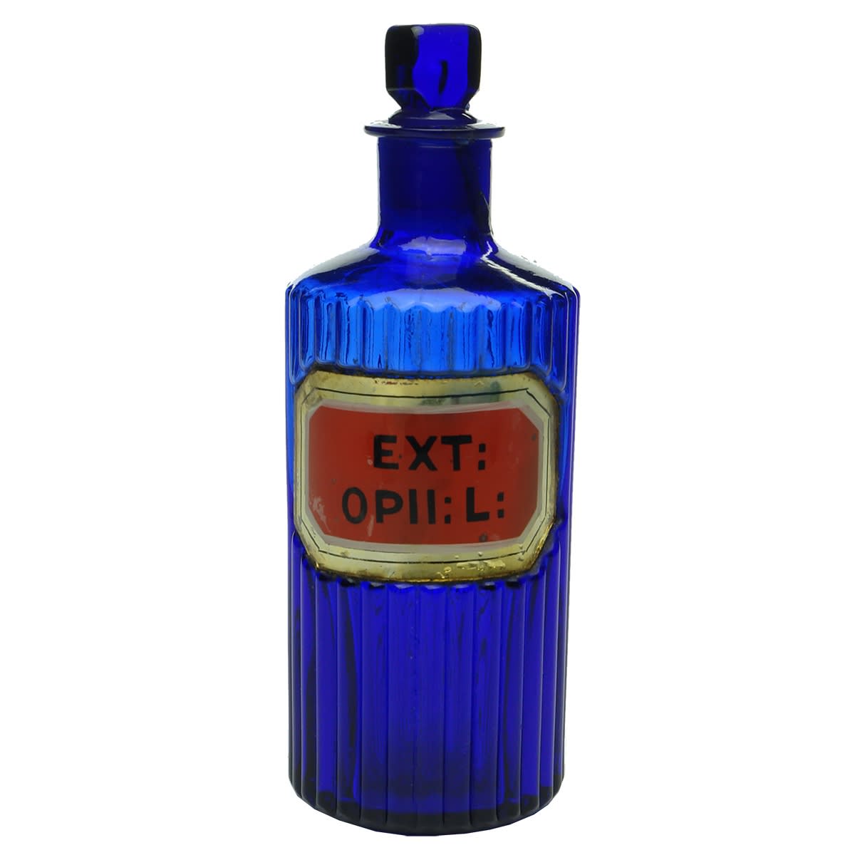 Chemist. Ext: Opii: L:. Chemist Round with ribbed sides and label under glass. Cobalt. 4 oz.