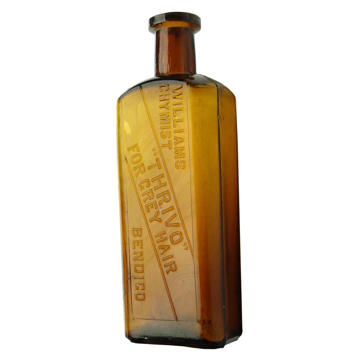 Chemist. Thrivo for grey hair. Williams, Chymist, Bendigo. Amber. 8 oz. 171 mm. (Victoria)