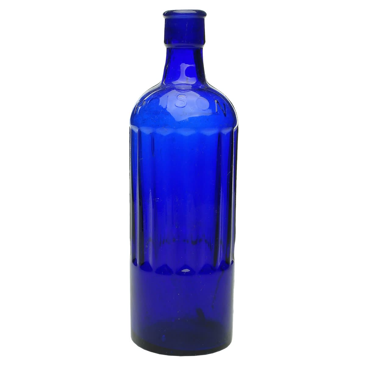 Poison. 8 indented panels down upper two thirds of front, rear has eight indented dots to lower mid body. Poison to both shoulders. Cobalt. 12 oz.