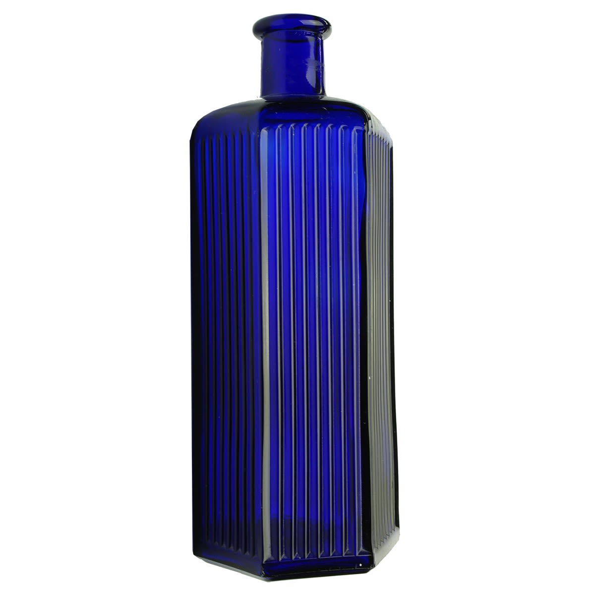 Poison. 20 oz hexagonal poison with three ribbed panels, three blank panels. Cobalt.