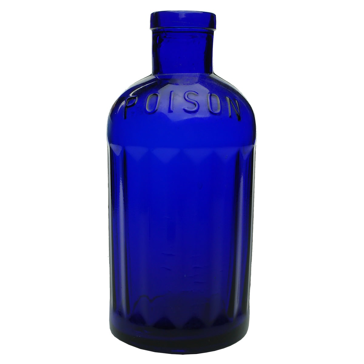 Poison. Wide mouth wide body poison, 8 indented panels to front, one behind each seam as well. Poison to both shoulders. Cobalt. 30 oz.