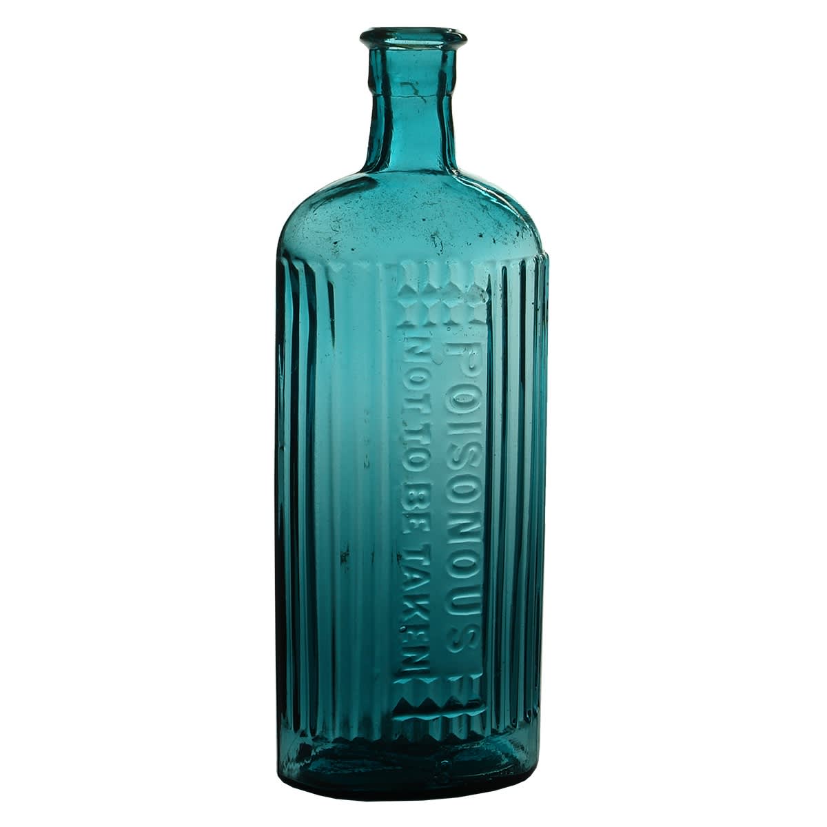 Poison. Poisonous Not to be taken. Turquoise Blue. D in a Diamond to base. Oval. Ribs all around main embossing.