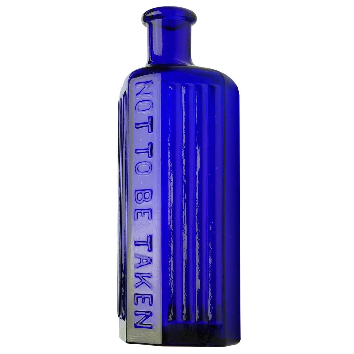 Poison. Not to be taken. 4 bold vertical lines to either side. Irregular hexagon. Cobalt Blue. 4 oz. 134 mm.