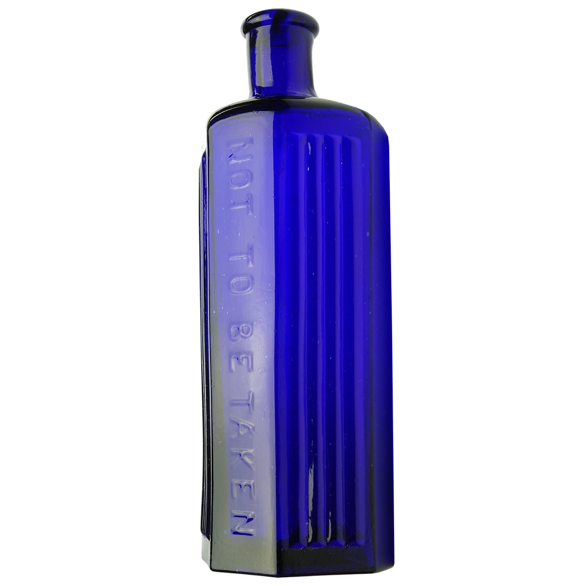 Poison. Not to be taken. 4 bold vertical lines to either side. Irregular hexagon. Cobalt Blue. 8 oz. 170 mm.